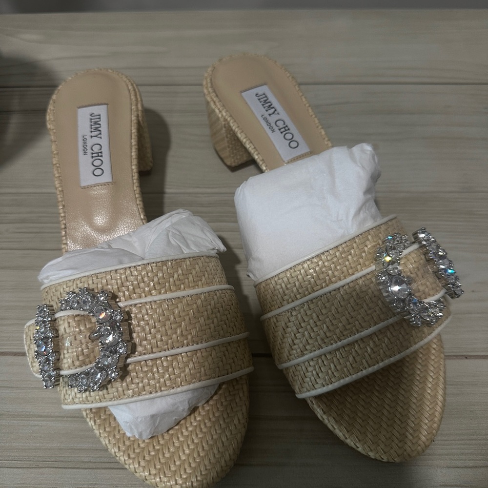 Jimmy Choo Beige Woven Sandals with Crystal Buckle